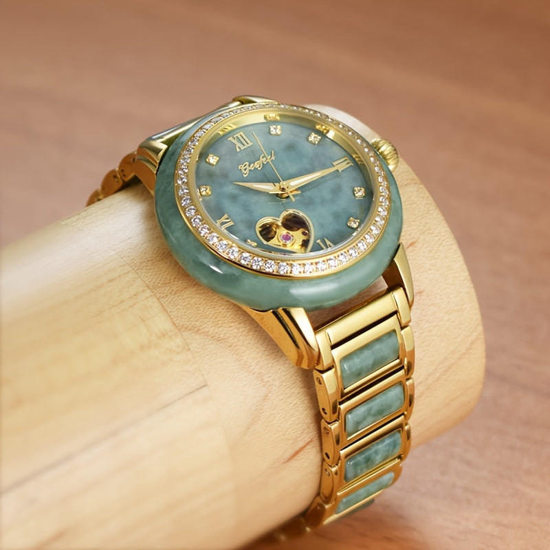 Luxury Watch GEZFEEL Luxury Mechanical Watch, Jade Hollow-Out | Stainless Steel Band, Fashionable Couples' Timepiece
