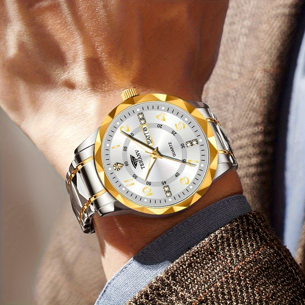 Fashion Men'S Quartz Watch Rhombus Numeral Dial Double Calendar Luminous Waterproof Steel Strap Watch Rhinestone Decorative Watch Business Watch Gift