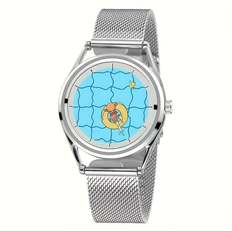 Stainless Steel Watch Minimalist Women's Stainless Steel Mesh Band Watch | Creative Design Wristwatch with Quartz Movement and Unique Dual-Needle Personalized Style