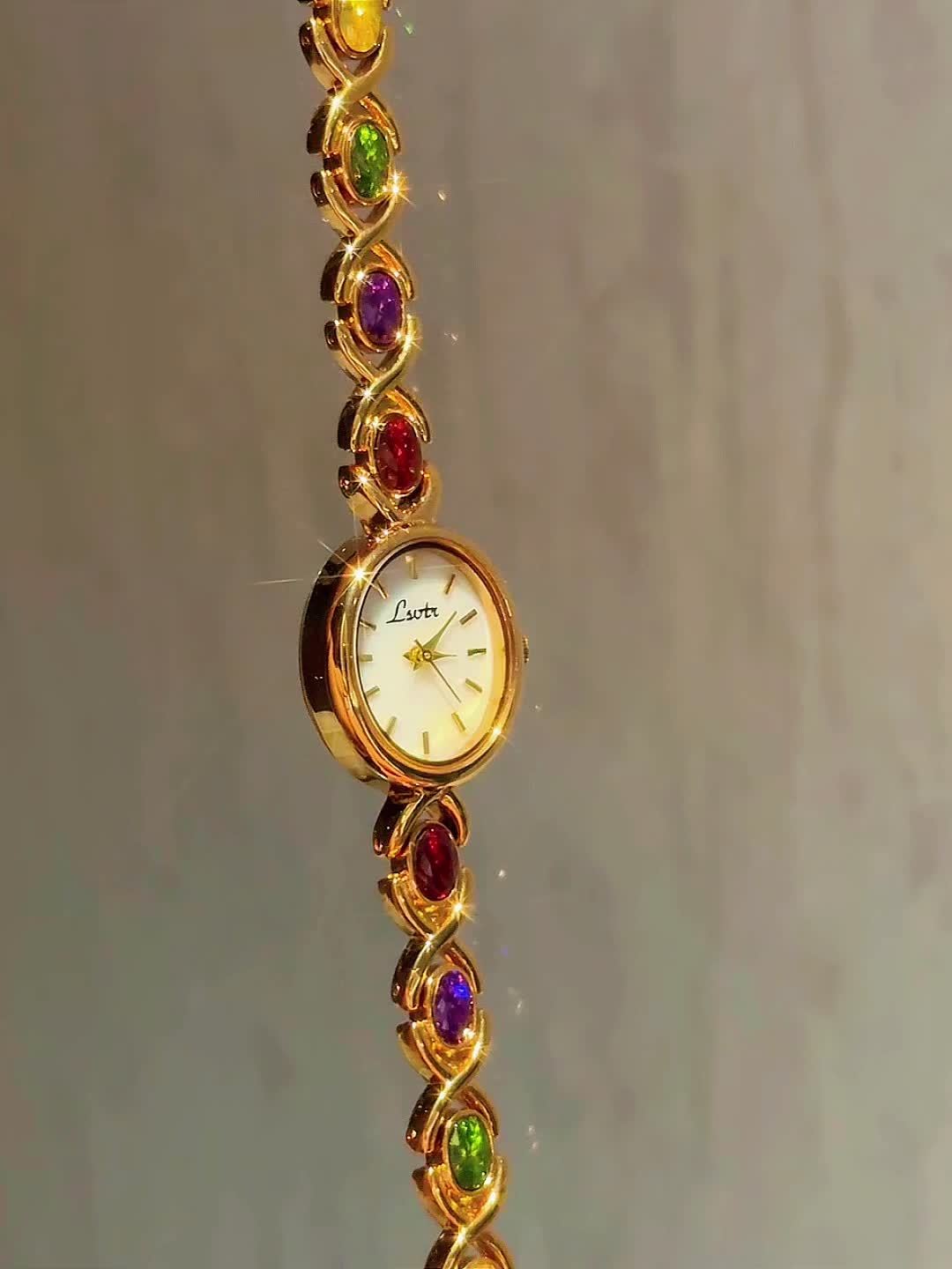 Quartz Watch with Gemstone Accents Boho Style Oval Quartz Wrist Watch for Women with Gemstone Accents, Analog Display, Non-, Alloy Band & Case, Elegant Vintage Fashion, Perfect for Daily Wear, Parties & Gifts