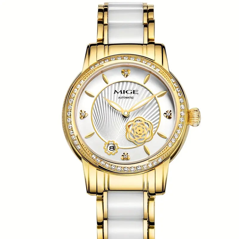 MIGE Elegant Women'S Stainless Steel Automatic Watch with Luminous Hands - Round Face, White Dial, Rose Golden Accents, and Sparkling Bezel - Perfect for Casual, Business, and Everyday Wear