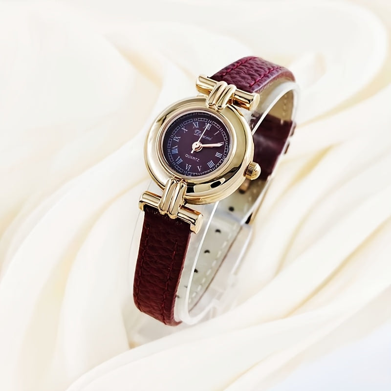 Elegant Women'S Quartz Watch with Red Faux Leather Strap - Bohemian Style, Round Dial, Golden-Tone Case, Perfect Gift for Her, Stylish Accessory|Bohemian Style Watch|Quartz Movement