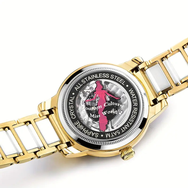 MIGE Elegant Women'S Stainless Steel Automatic Watch with Luminous Hands - Round Face, White Dial, Rose Golden Accents, and Sparkling Bezel - Perfect for Casual, Business, and Everyday Wear
