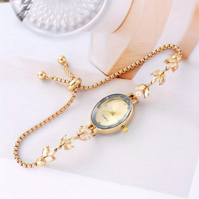 Elegant Rose Golden Women'S Watch with Black Leaf Accents - Mechanical Movement, Alloy Case & Band, Dial Display, Non, Stylish Accessory for Casual Attire, Casual Accessory | Elegant Watch Design | Alloy Watch Case