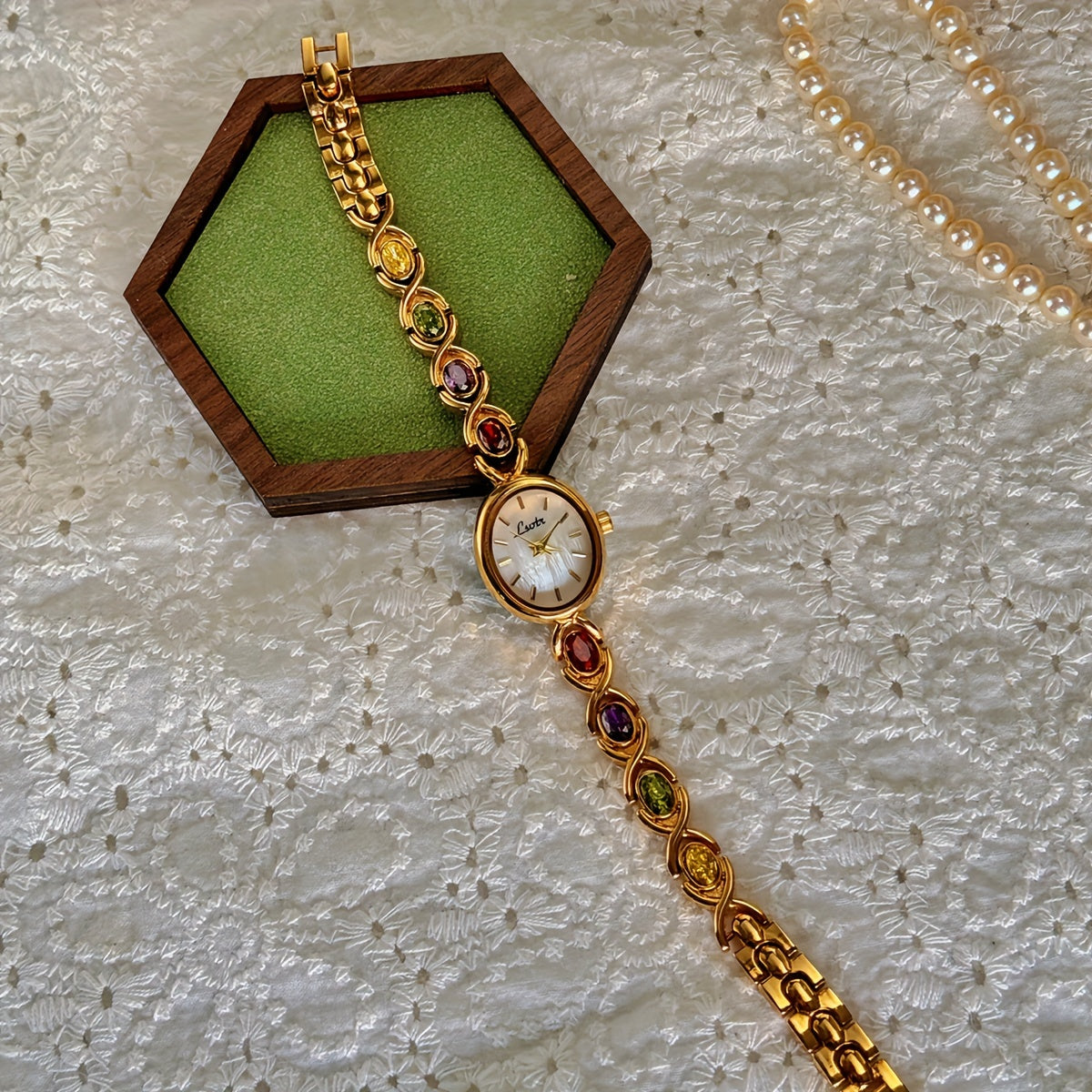 Quartz Watch with Gemstone Accents Boho Style Oval Quartz Wrist Watch for Women with Gemstone Accents, Analog Display, Non-, Alloy Band & Case, Elegant Vintage Fashion, Perfect for Daily Wear, Parties & Gifts