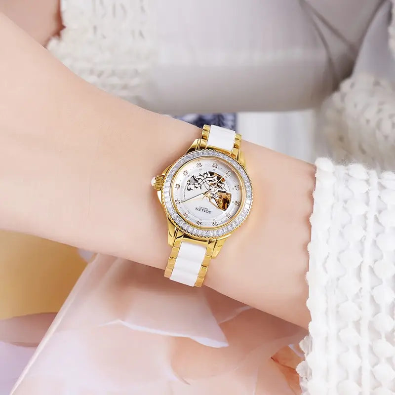 Women'S Elegant Mechanical Watch - Model 402, Featuring a Skeleton Design (Openwork), Ceramic Bracelet, Light Luxury Style