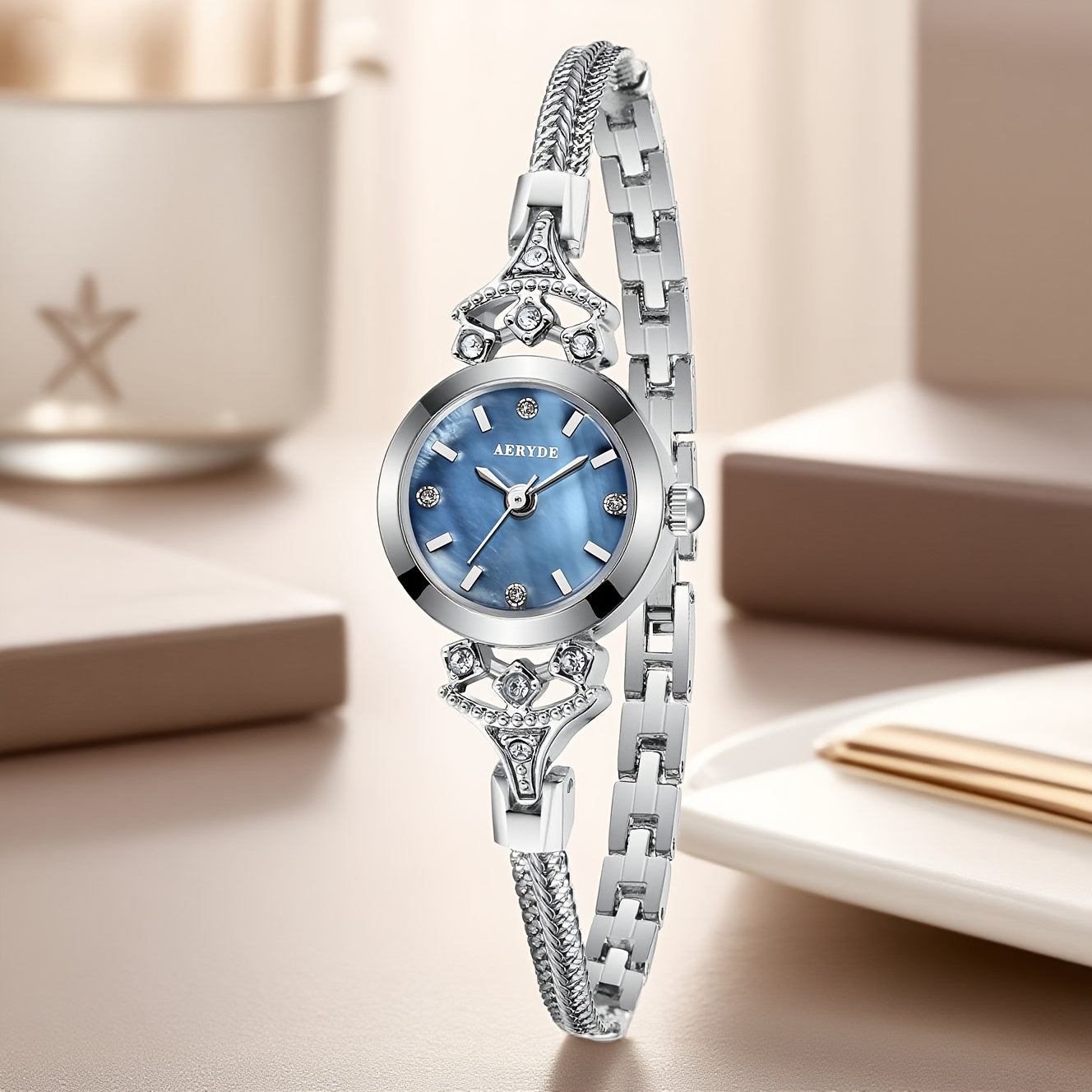 AERYDE Women'S Quartz Watch - Elegant Blue Dial with Chain & Braided Strap, 3ATM, Round Alloy Case, Sophisticated Design for Casual or Formal Wear