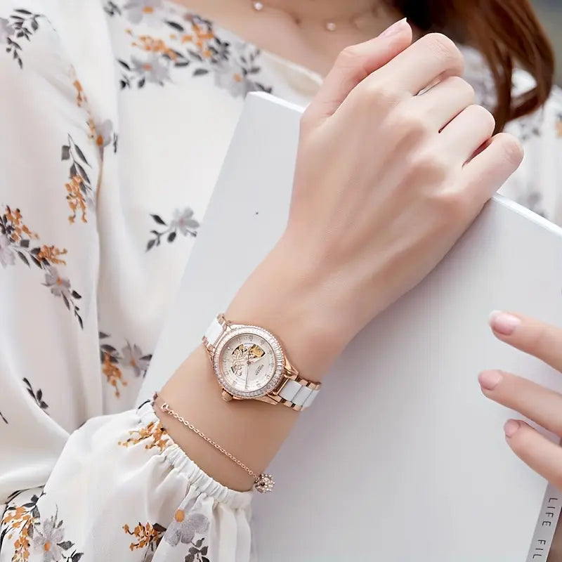 Women'S Elegant Mechanical Watch - Model 402, Featuring a Skeleton Design (Openwork), Ceramic Bracelet, Light Luxury Style