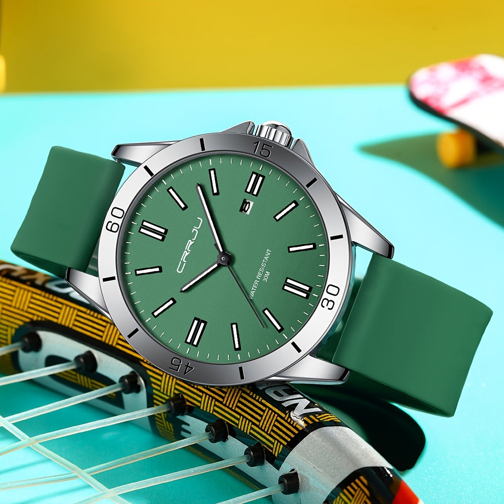 1pc CRJJU Sports Watch 1pc CRJJU Men's Sports Watch | Casual Simple Waterproof Quartz with Calendar, Round Zinc Alloy Case, Rubber Strap, Battery Powered Electronic Movement, Non-Precious Metal, Glow Details