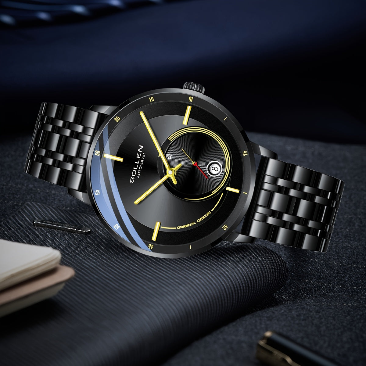 GOLLEN Men'S Retro Automatic Mechanical Watch - Stainless Steel Case & Bracelet, Blue Dial with Roman Numerals, Luminous Hands, Date Display, Casual Style for Casual Attire, Everyday Watch | Elegant Watch | Luminous Hands Watch, Without Battery