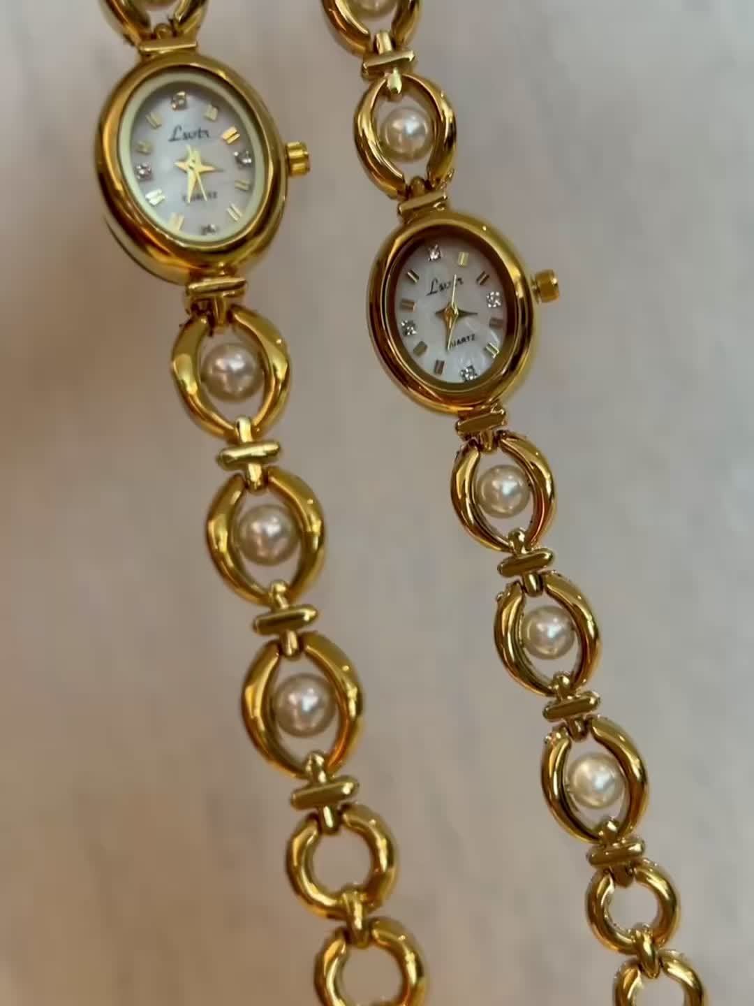 Elegant Quartz Watch Golden-Tone Elegant Women's Quartz Watch - French-Inspired Oval Analog Display, Stainless Steel Band, Pearl Bracelet, Ideal for Daily Wear & Special Occasions, Perfect Gift for Valentine's, Easter, Birthdays, Mother's Day