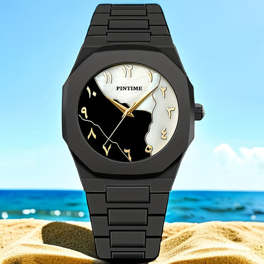 PINTIME Black Golden Trendy Casual Watch, Ultra-Thin Lightweight Quartz Wristwatch, Polygonal Dial with Arabic Numeral Markings, Simple And Stylish Couple'S Model for Students.