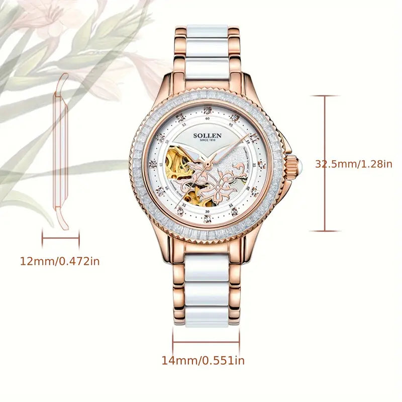 Women'S Elegant Mechanical Watch - Model 402, Featuring a Skeleton Design (Openwork), Ceramic Bracelet, Light Luxury Style