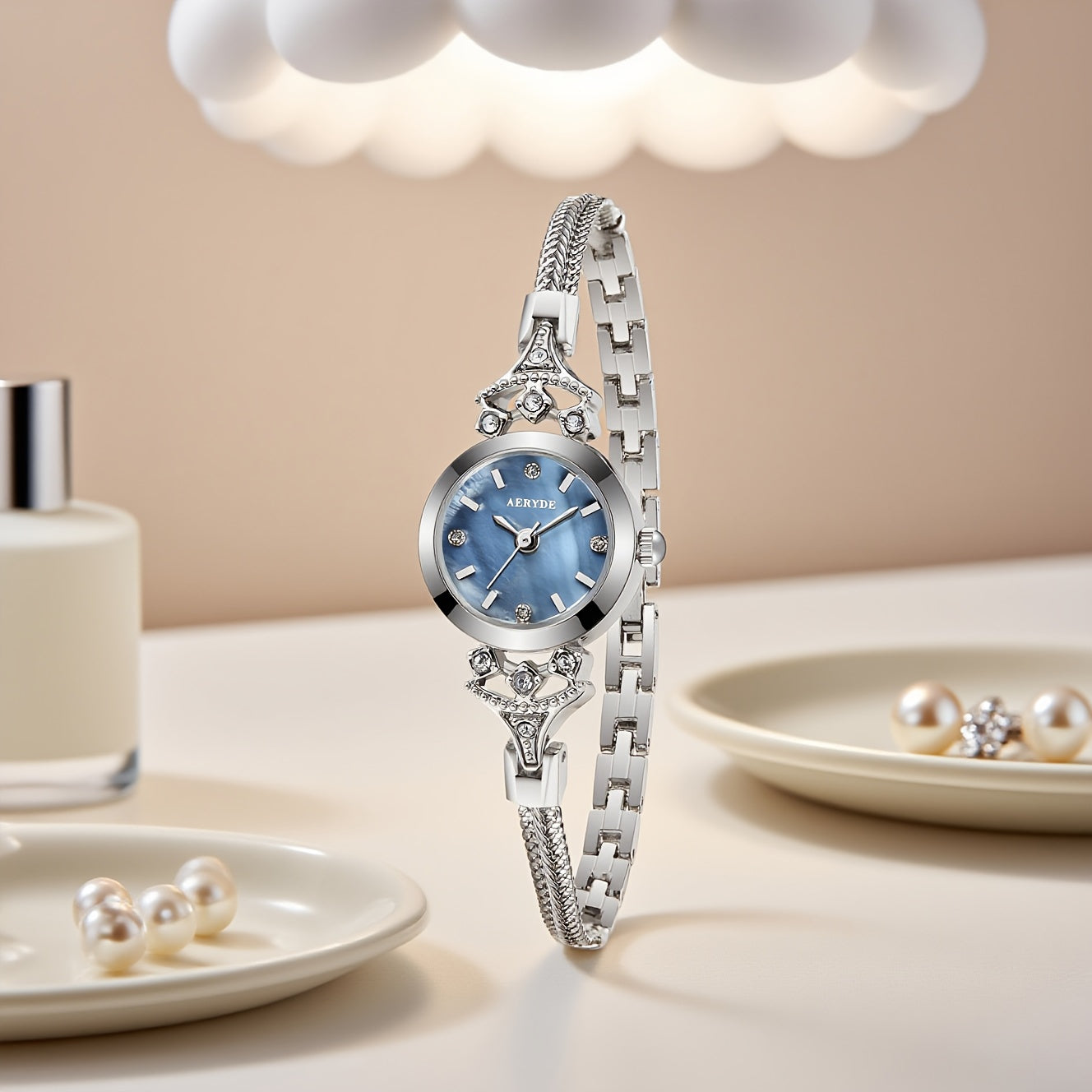 AERYDE Women'S Quartz Watch - Elegant Blue Dial with Chain & Braided Strap, 3ATM, Round Alloy Case, Sophisticated Design for Casual or Formal Wear
