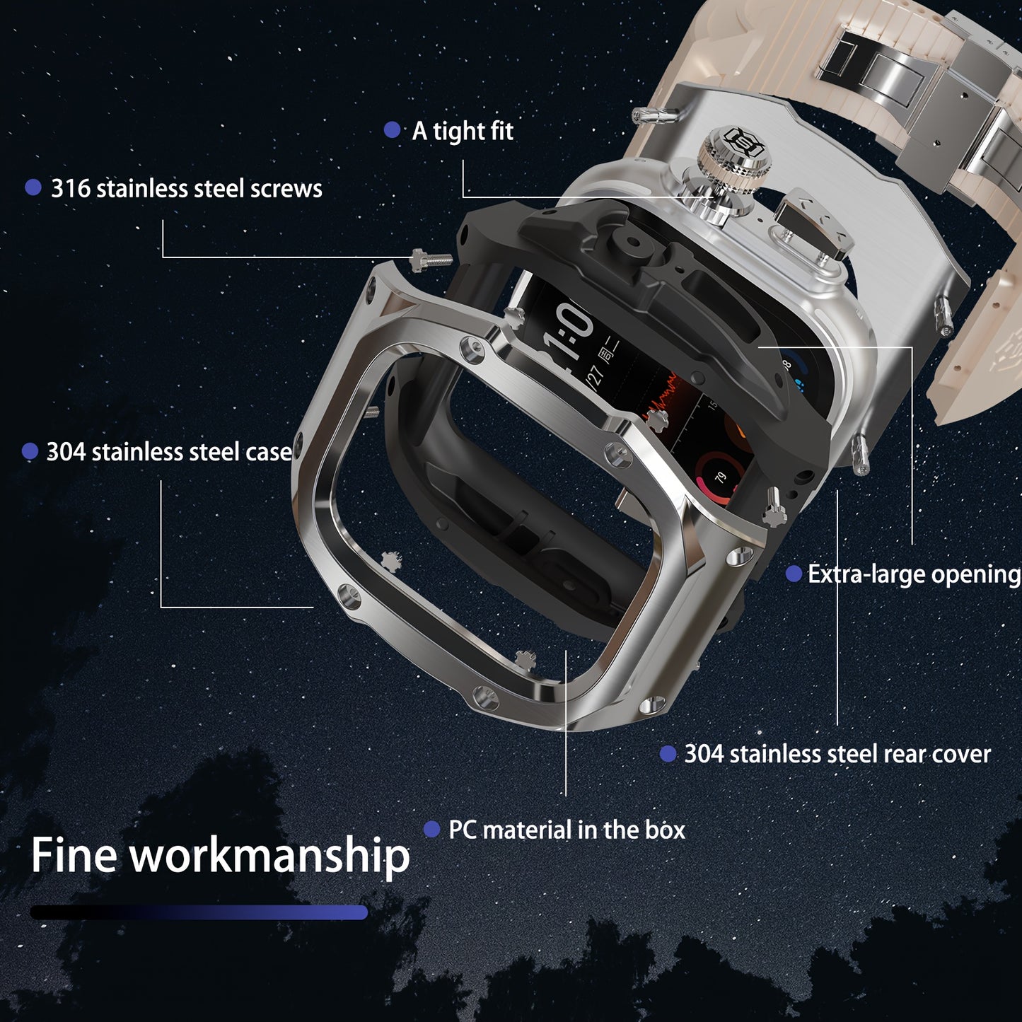 Suitable for Apple Watch Ultra 1 Ultra 2 49mm Fashion and Luxury Watch Modification Protective Case, Durable 316L Stainless Steel Full Coverage Cover with Metal Buckle, Shockproof, Supports Wireless Charging, Stylish Hard Look, Not Waterproof