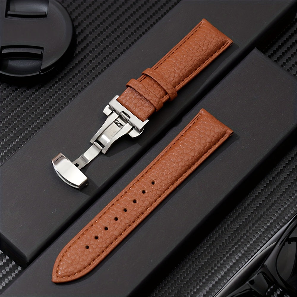 Stylish Synthetic Synthetic Leather Watch Strap with Butterfly Clasp - Soft Litchi Texture, White, 20mm\u002F22mm, Stainless Steel Buckle, Adjustable Fit for Men and Women