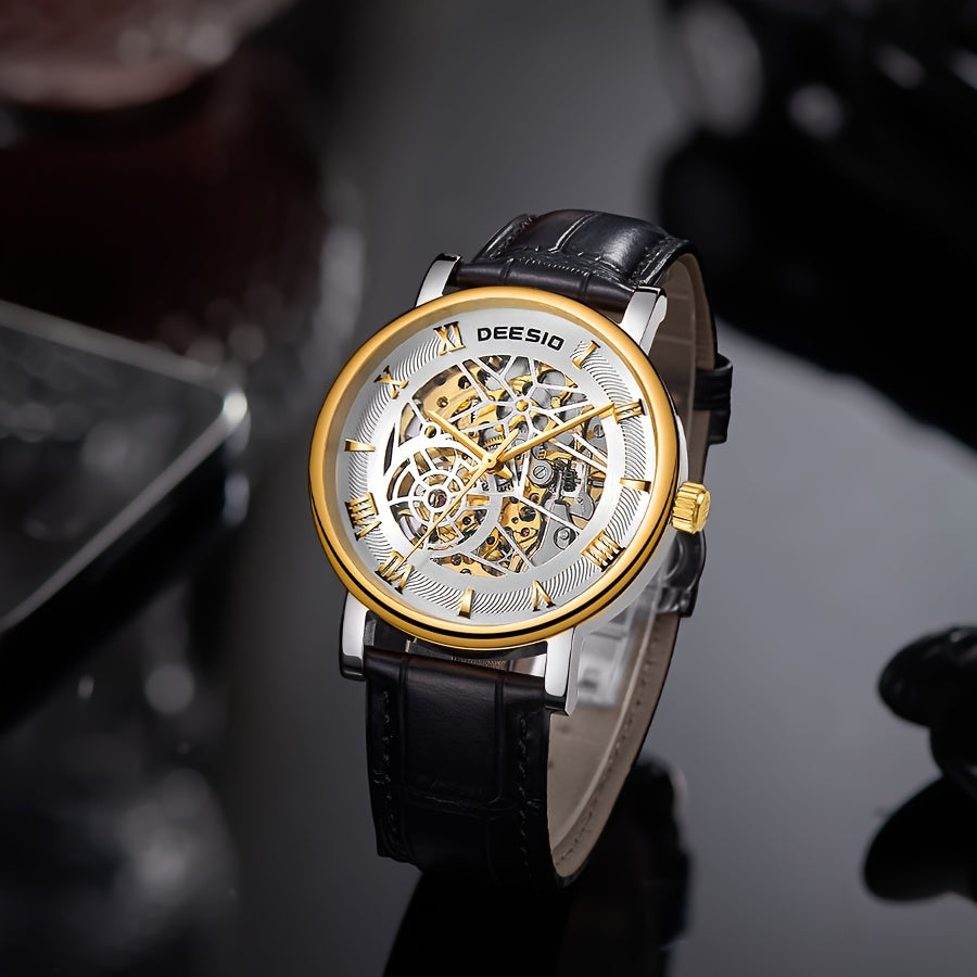 2025 Men's Automatic Skeleton Watch - Stainless Steel Case & PU Leather Strap, Exposed Mechanical Movement, No Battery Needed, Casual Luxury Style for Valentine's Day, Football Matches, Halloween, Christmas & Father's Day Gifts
