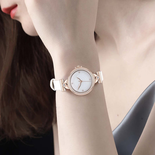 Elegant Rose Golden Quartz Watch for Women - Minimalist Business Casual Style with Floral Engraved Dial, White Calfskin Strap, and Golden-Tone Case, Perfect for Casual Attire, Casual Wear Watch | Floral Engraved Watch | Quartz Movement