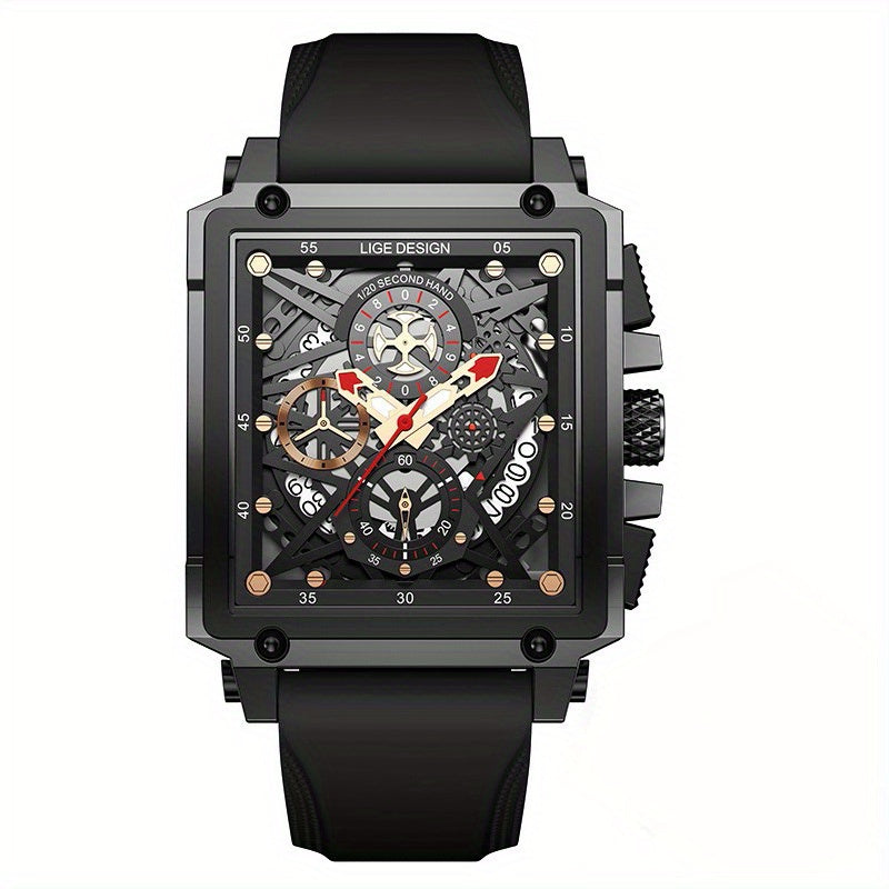 Quartz Movement Men's Casual Sports Watch - Square Dial, Zinc Alloy Case, Silicone Strap, Calendar Feature, Night Light, Multifunctional Chronograph