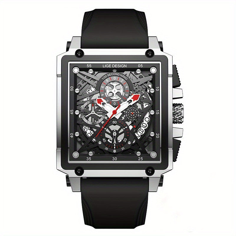 Quartz Movement Men's Casual Sports Watch - Square Dial, Zinc Alloy Case, Silicone Strap, Calendar Feature, Night Light, Multifunctional Chronograph