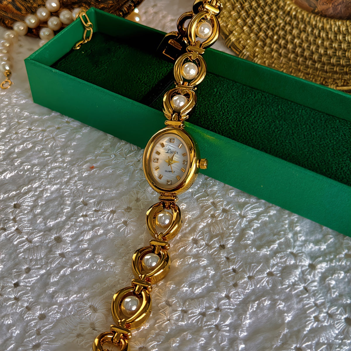 Elegant Quartz Watch Golden-Tone Elegant Women's Quartz Watch - French-Inspired Oval Analog Display, Stainless Steel Band, Pearl Bracelet, Ideal for Daily Wear & Special Occasions, Perfect Gift for Valentine's, Easter, Birthdays, Mother's Day