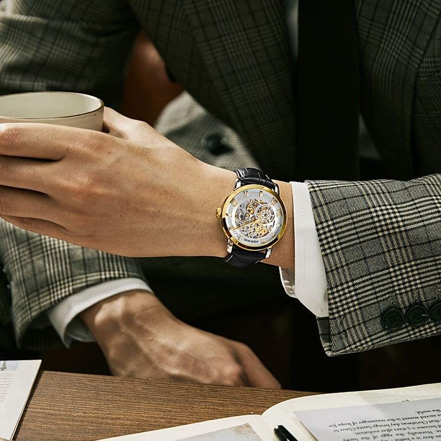2025 Men's Automatic Skeleton Watch - Stainless Steel Case & PU Leather Strap, Exposed Mechanical Movement, No Battery Needed, Casual Luxury Style for Valentine's Day, Football Matches, Halloween, Christmas & Father's Day Gifts