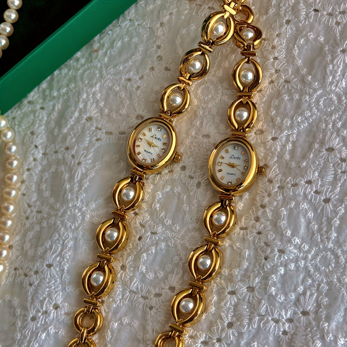 Elegant Quartz Watch Golden-Tone Elegant Women's Quartz Watch - French-Inspired Oval Analog Display, Stainless Steel Band, Pearl Bracelet, Ideal for Daily Wear & Special Occasions, Perfect Gift for Valentine's, Easter, Birthdays, Mother's Day
