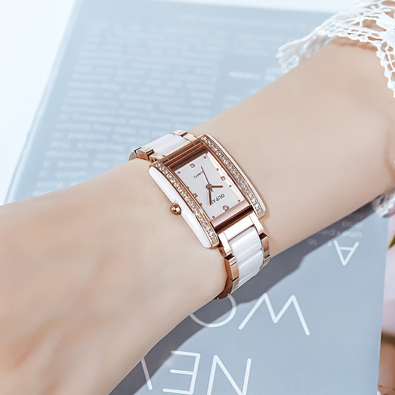 A Rectangular Dial Ladies Watch From Europe With A White Ceramic Case And Stainless Steel Strap, Featuring A Square Japanese Quartz Movement, Delicate And Versatile For Daily Casual Gatherings.