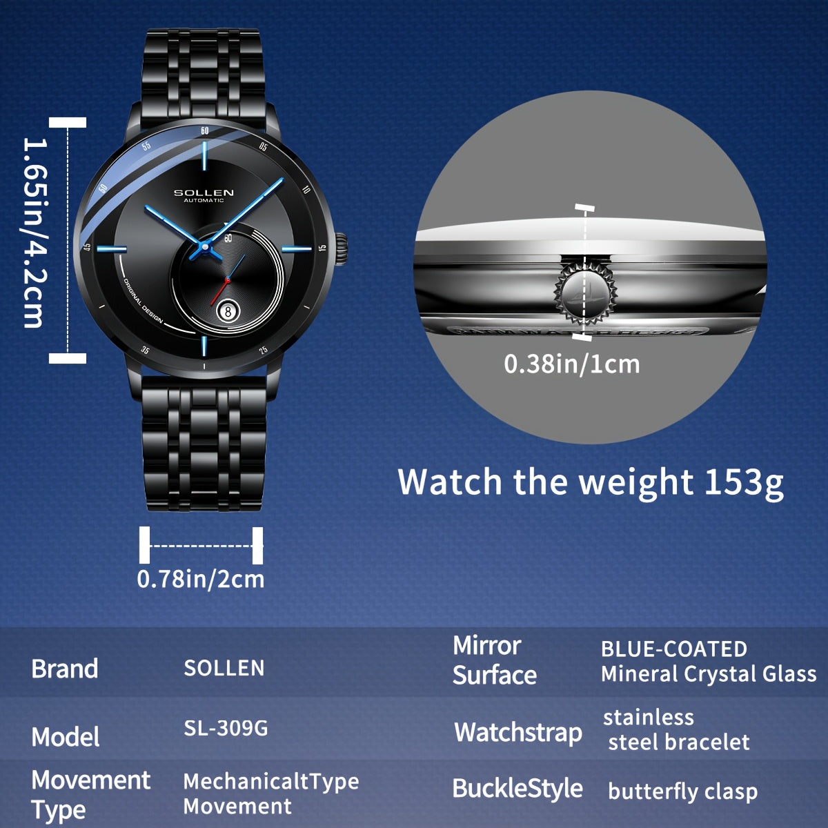 GOLLEN Men'S Retro Automatic Mechanical Watch - Stainless Steel Case & Bracelet, Blue Dial with Roman Numerals, Luminous Hands, Date Display, Casual Style for Casual Attire, Everyday Watch | Elegant Watch | Luminous Hands Watch, Without Battery