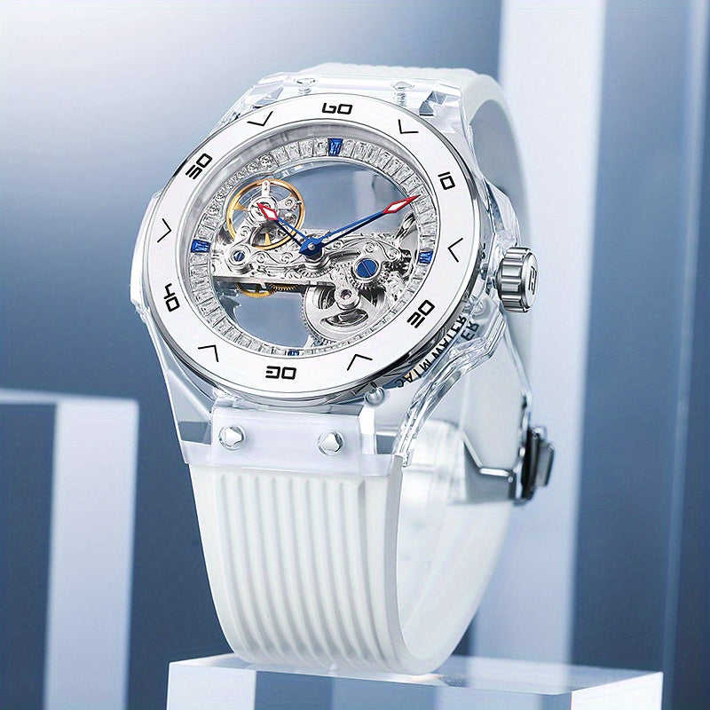 HANBORO Women's Automatic Mechanical Watch with Transparent Dial - Glamorous Skeleton Design, Silicone Strap, Round Case, Battery-Free Luxury Fashion Accessory (HBR963-2), Elegant Wristwatch, Highquality Finish