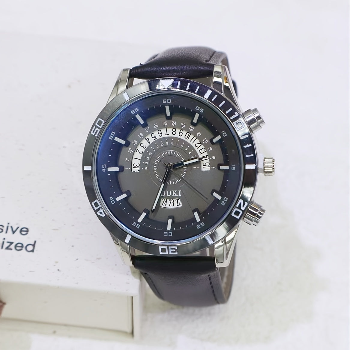 Men'S Business Casual Quartz Watch with Calendar, Date Display, and 24-Hour Time - Large Round Dial, Brown Faux Leather Strap, Alloy Case, Black Dial with White Markings, Battery Operated, Business Casual Wear | Sleek Watch Design | Alloy Case Watch
