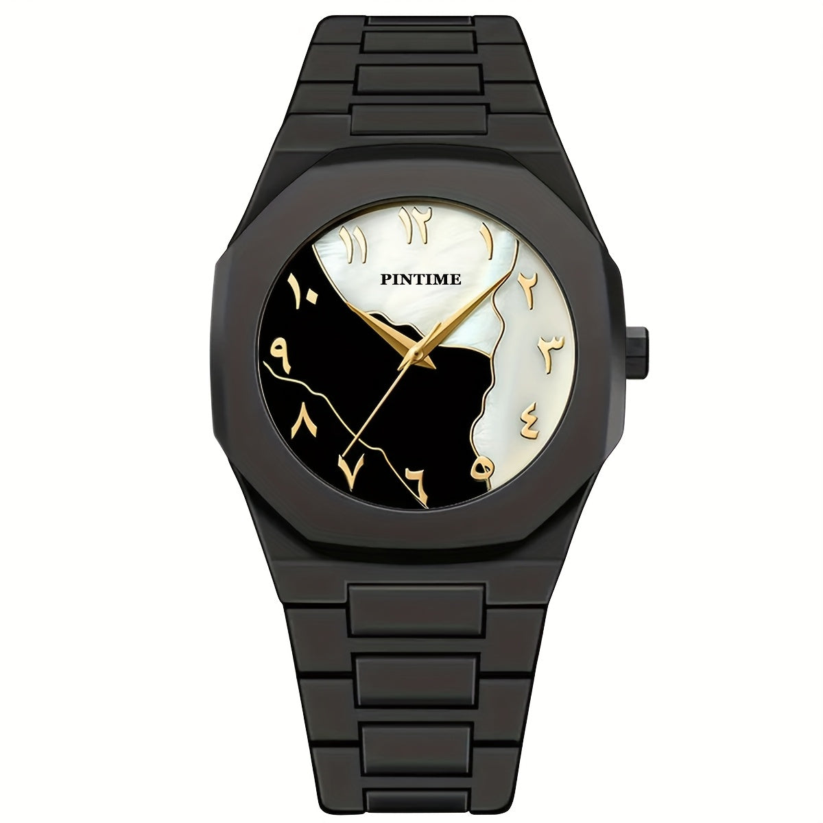 PINTIME Black Golden Trendy Casual Watch, Ultra-Thin Lightweight Quartz Wristwatch, Polygonal Dial with Arabic Numeral Markings, Simple And Stylish Couple'S Model for Students.