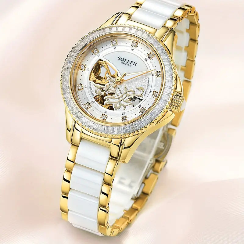 Women'S Elegant Mechanical Watch - Model 402, Featuring a Skeleton Design (Openwork), Ceramic Bracelet, Light Luxury Style