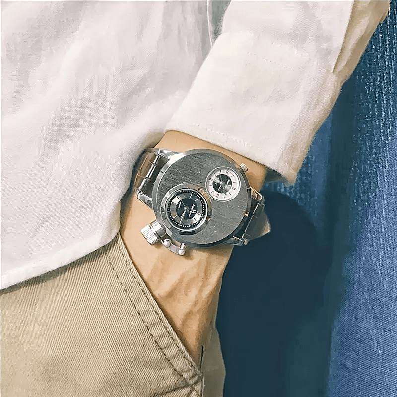 Elegant Watch Vintage Men's Large Dial Watch | Fashionable Dual Time Zone, Quartz Movement, Alloy Case, Black Faux Leather Strap, Battery Operated