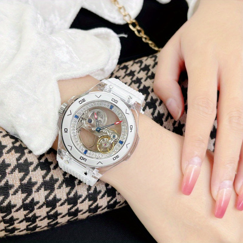 HANBORO Women's Automatic Mechanical Watch with Transparent Dial - Glamorous Skeleton Design, Silicone Strap, Round Case, Battery-Free Luxury Fashion Accessory (HBR963-2), Elegant Wristwatch, Highquality Finish
