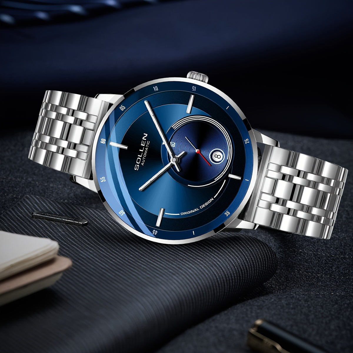GOLLEN Men'S Retro Automatic Mechanical Watch - Stainless Steel Case & Bracelet, Blue Dial with Roman Numerals, Luminous Hands, Date Display, Casual Style for Casual Attire, Everyday Watch | Elegant Watch | Luminous Hands Watch, Without Battery