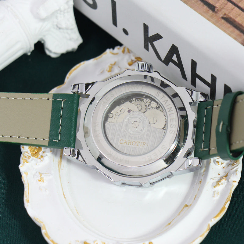 1pc KIMSDUN Men'S Casual Mechanical Watch, White Green Faux Leather Strap, Fashion Night Glow Clover Design, Zinc Alloy Case, Self-Winding Movement, Pointer Display - Youth Fashion Accessory, Without Battery