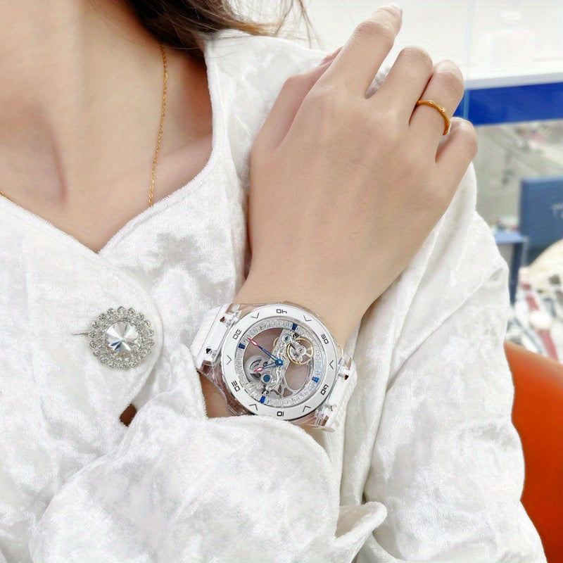 HANBORO Women's Automatic Mechanical Watch with Transparent Dial - Glamorous Skeleton Design, Silicone Strap, Round Case, Battery-Free Luxury Fashion Accessory (HBR963-2), Elegant Wristwatch, Highquality Finish