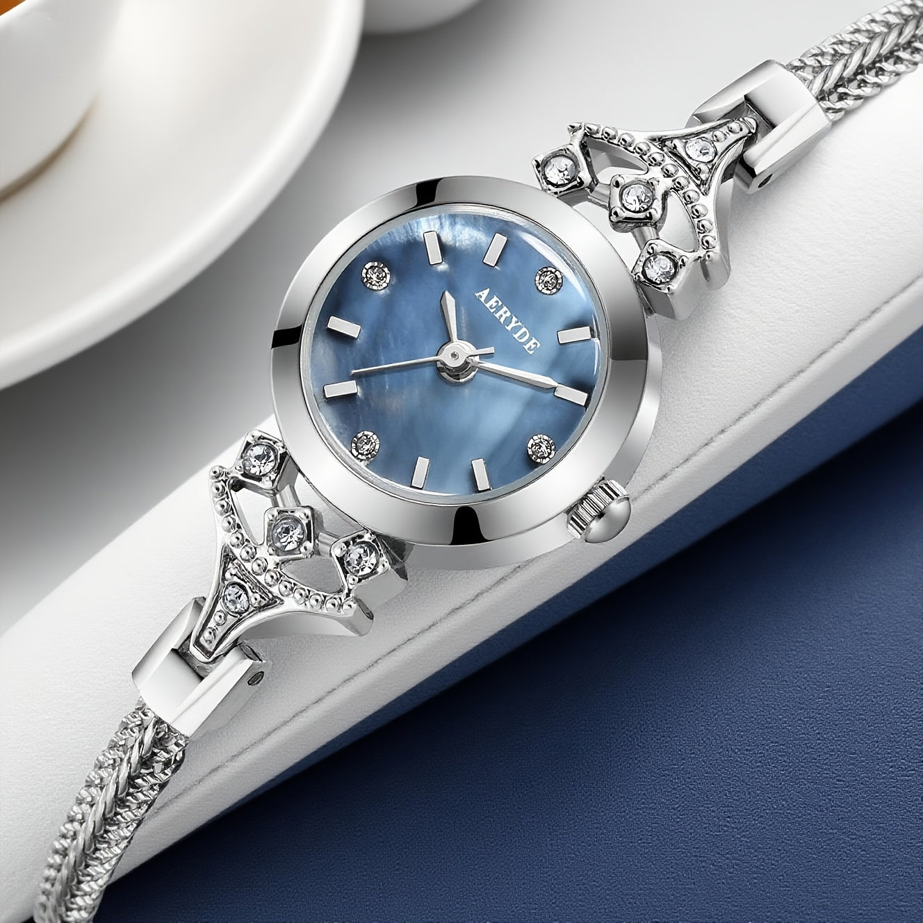 AERYDE Women'S Quartz Watch - Elegant Blue Dial with Chain & Braided Strap, 3ATM, Round Alloy Case, Sophisticated Design for Casual or Formal Wear