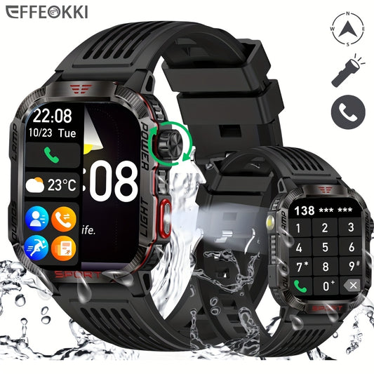 Effeokki Rugged Smart Watch for Men with Wireless Calling, 2.01 Inch IPS Display, 100+ Sports Modes, Fitness Tracker, Altitude air pressure, Compass, LED Flashlight, High Quality, Compatible with iPhone & Android for Outdoor & Adventure