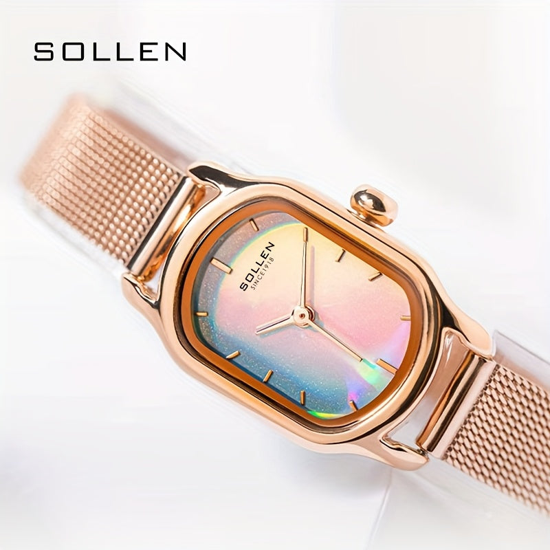 SOLLEN Women'S Quartz Watch - Stylish Colorful Square Dial, Rose Golden Stainless Steel Band, Elegant Pointer Display, Perfect for Birthdays, Valentine's, Mother'S Day & Anniversaries, Wrist Watc