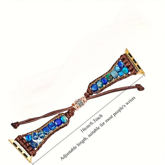 Bohemian Style Deep Blue & Purple Floral Stone Beaded Watch Strap - Handwoven Synthetic Synthetic Stone, Adjustable Metal Clasp for Fitness & Casual Wear, Fitness Accessory, Floral Pattern, Braided Design