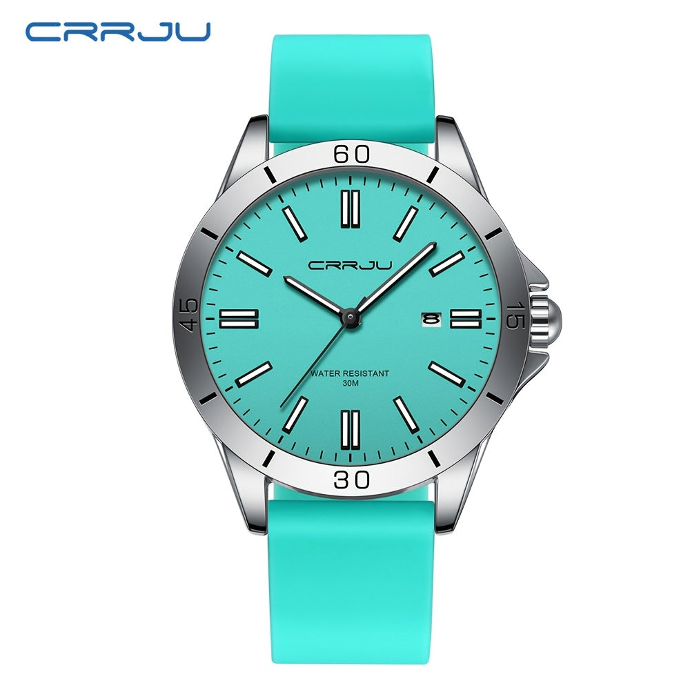 1pc CRJJU Sports Watch 1pc CRJJU Men's Sports Watch | Casual Simple Waterproof Quartz with Calendar, Round Zinc Alloy Case, Rubber Strap, Battery Powered Electronic Movement, Non-Precious Metal, Glow Details