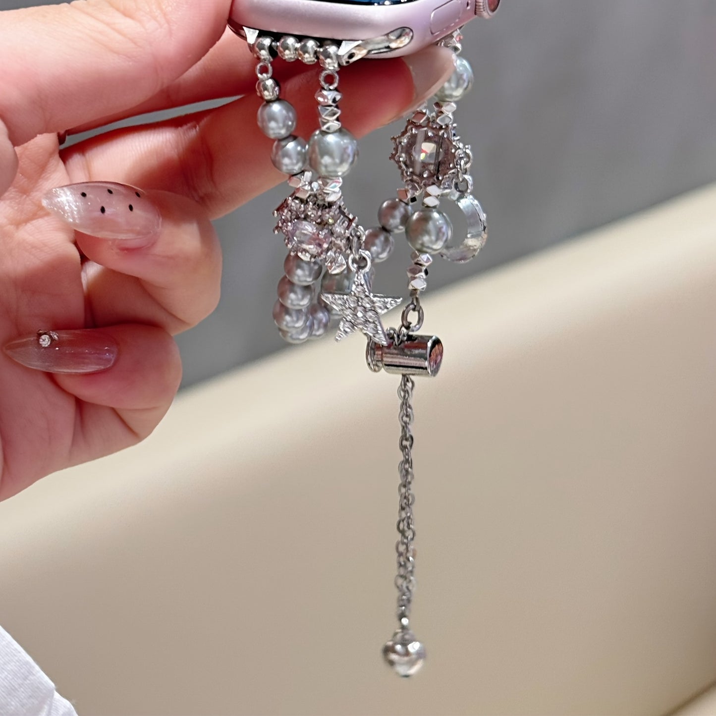 Elegant Star and Moon Design Smartwatch Band with Faux Pearls and Sparkling Crystals, Durable Metal Alloy Watch Strap for Apple Watch - No Battery, Tech Accessory | Elegant Accessory | Alloy Constructio