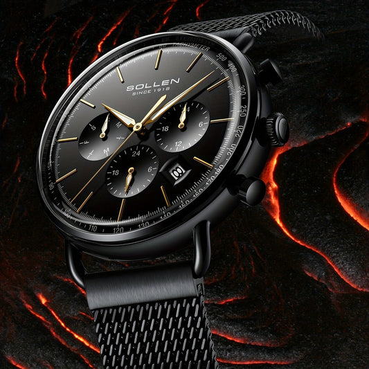Men's Quartz Mesh Watch Model 705 - Boardroom Maverick Collection, Stainless Steel Case & Mesh Strap, Black Dial with Golden Accents, Business Casual Watch for Professionals, Casual Attire & Gifts Suitable for teens