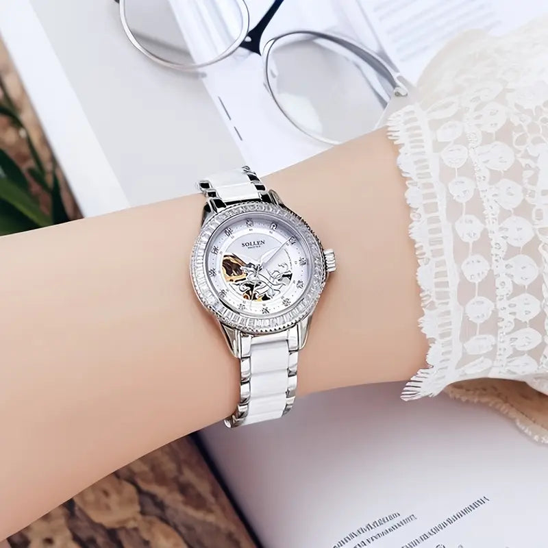 Women'S Elegant Mechanical Watch - Model 402, Featuring a Skeleton Design (Openwork), Ceramic Bracelet, Light Luxury Style