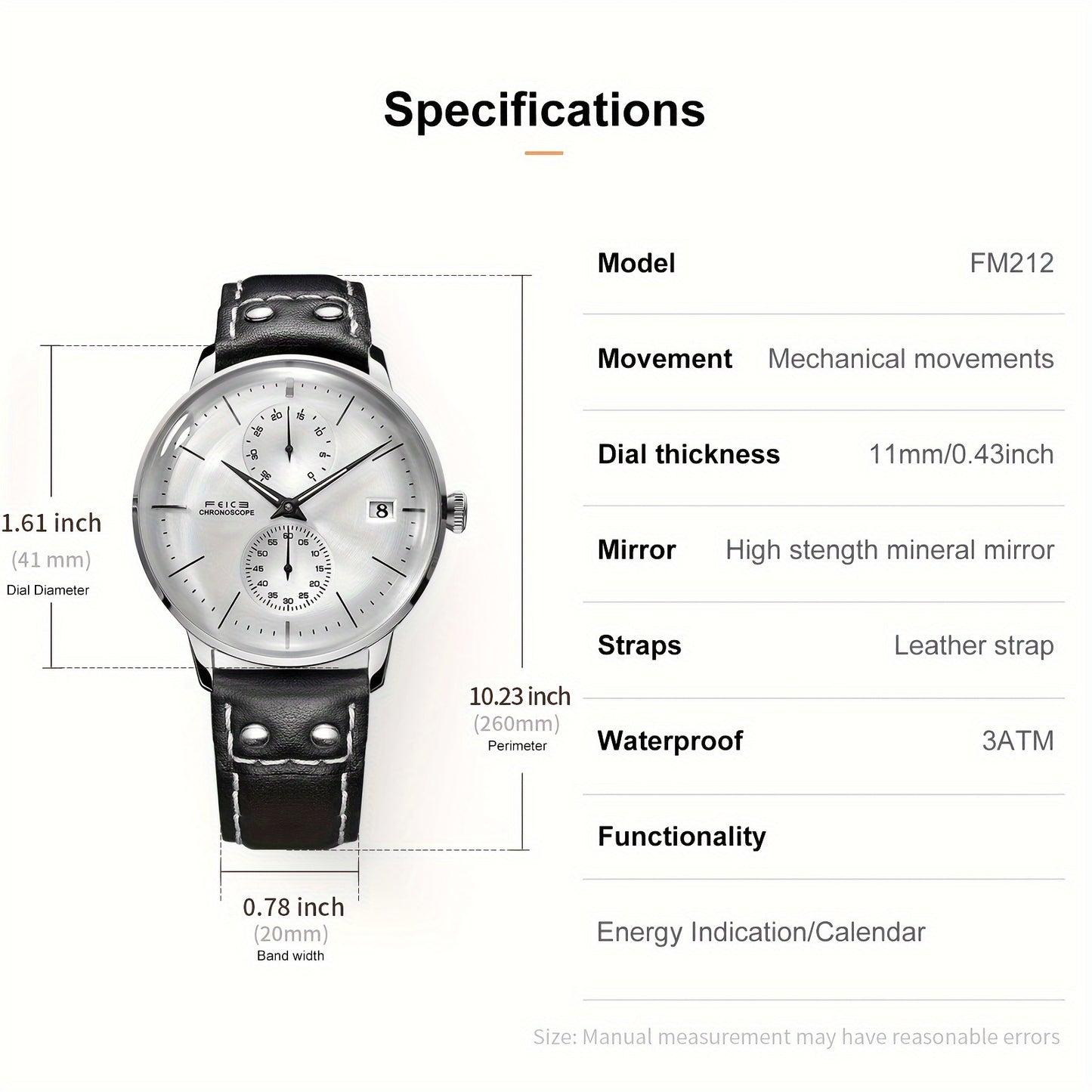 FEICE Brand Magic Pattern Series 3D Double Curved Surface Mirror Business Casual Men's Watch Automatic Mechanical Watch Cowhide Strap Simple Men's Watch Waterproof Luminous Hands Independent Second Dial Calendar Energy Needle Indication
