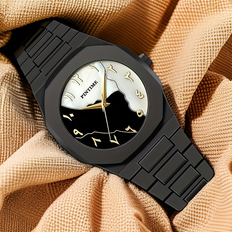 PINTIME Black Golden Trendy Casual Watch, Ultra-Thin Lightweight Quartz Wristwatch, Polygonal Dial with Arabic Numeral Markings, Simple And Stylish Couple'S Model for Students.