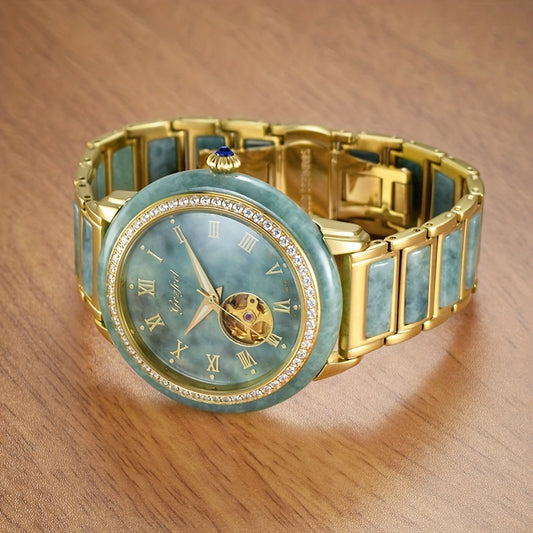 Luxury Watch GEZFEEL Luxury Mechanical Watch, Jade Hollow-Out | Stainless Steel Band, Fashionable Couples' Timepiece