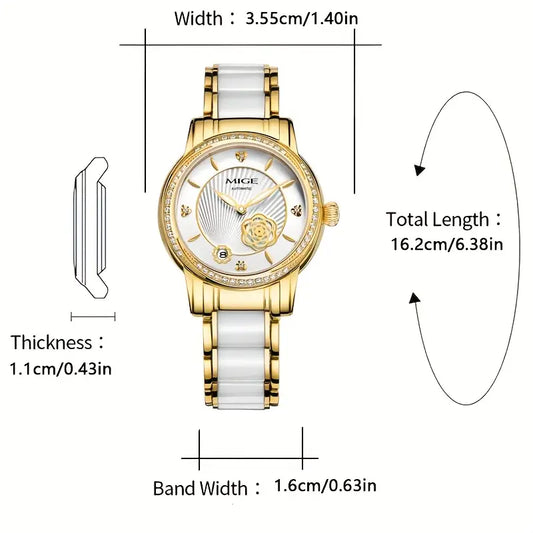 MIGE Elegant Women'S Stainless Steel Automatic Watch with Luminous Hands - Round Face, White Dial, Rose Golden Accents, and Sparkling Bezel - Perfect for Casual, Business, and Everyday Wear